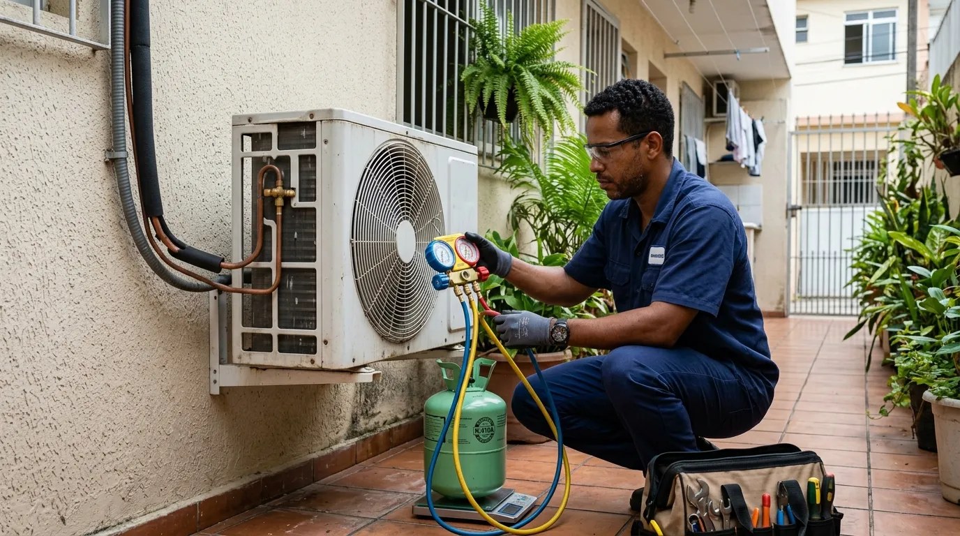 Técnico fazendo carga de gás na condensadora do ar-condicionado em Guarapari‑ES