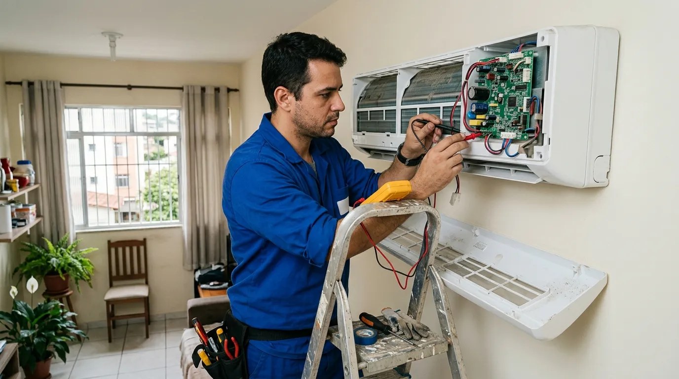 Técnico trocando a placa eletrônica de ar-condicionado split em Guarapari‑ES