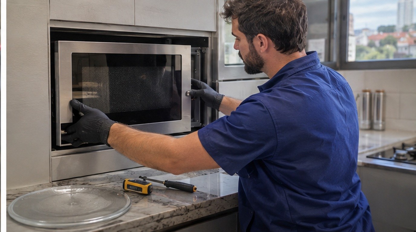 Conserto de micro-ondas de embutir em Guarapari‑ES: técnico encaixando o aparelho no armário