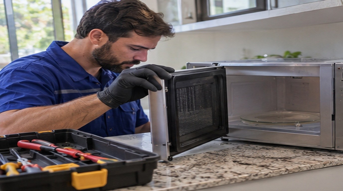 Conserto de micro-ondas em Guarapari‑ES: técnico abrindo um micro-ondas de bancada