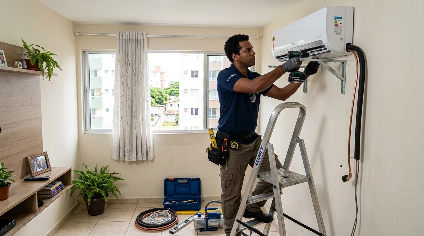 Técnico instalando ar-condicionado split em residência em Guarapari‑ES