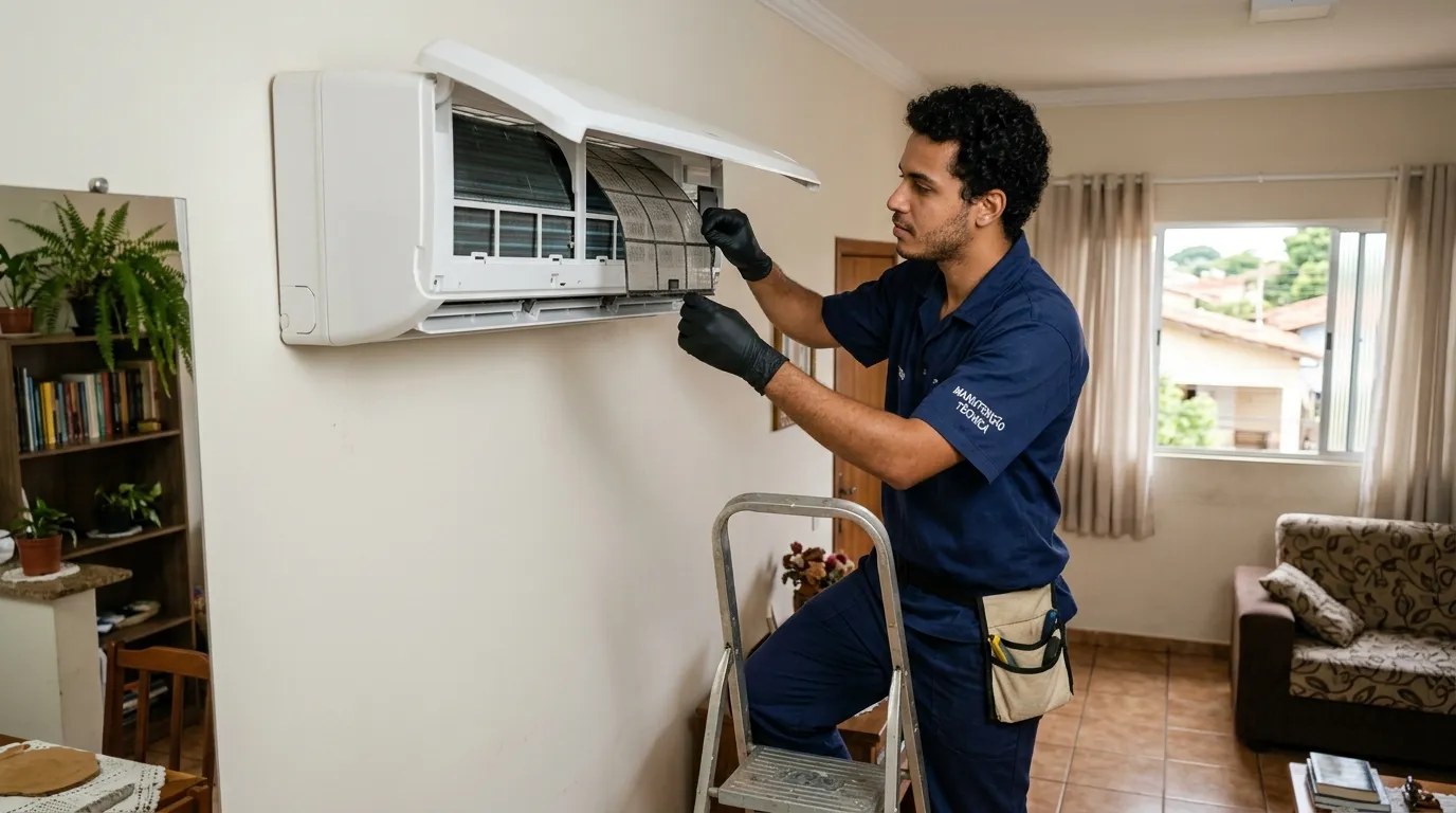 Técnico fazendo limpeza e higienização de ar-condicionado split em Guarapari‑ES