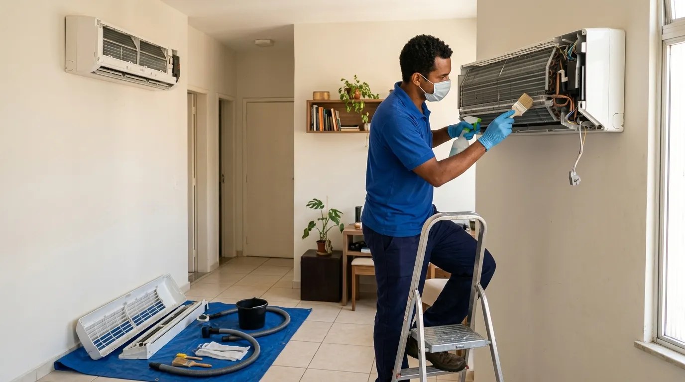 Técnico fazendo manutenção de ar-condicionado split em Guarapari‑ES