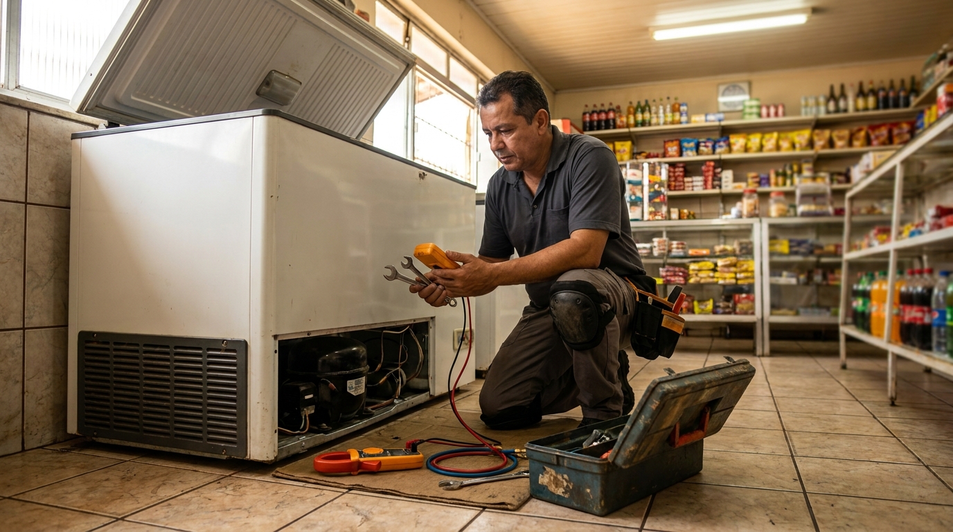 Técnico avaliando um freezer vertical durante atendimento em Guarapari‑ES