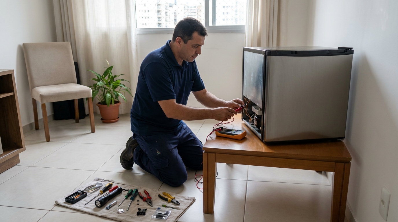 Técnico avaliando um frigobar compacto durante atendimento no Coroado, Guarapari‑ES